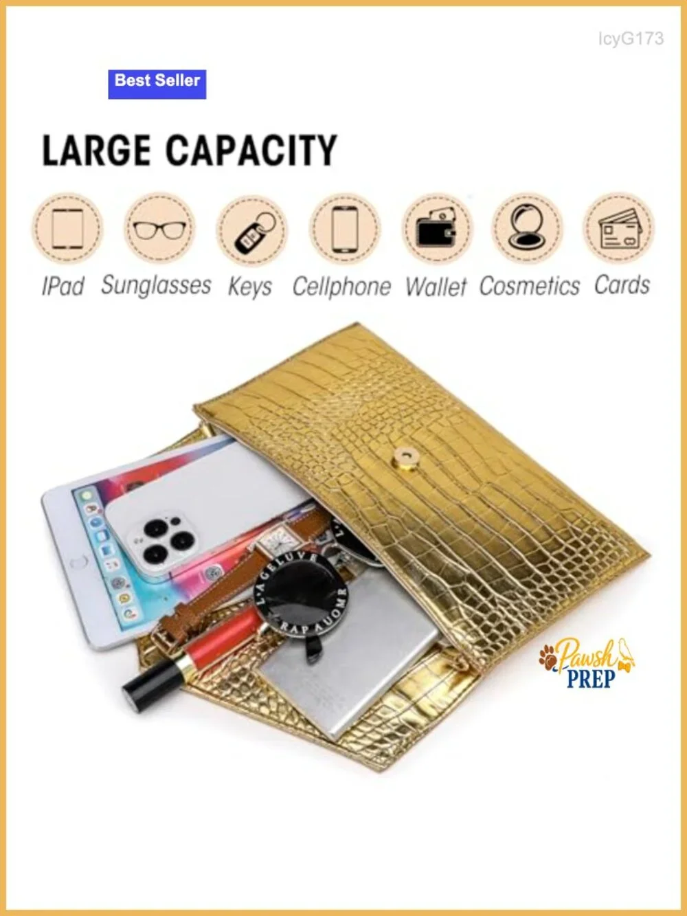 Gold Envelope Clutch Purse Metallic Faux Leather Handbag with Detachable Chain